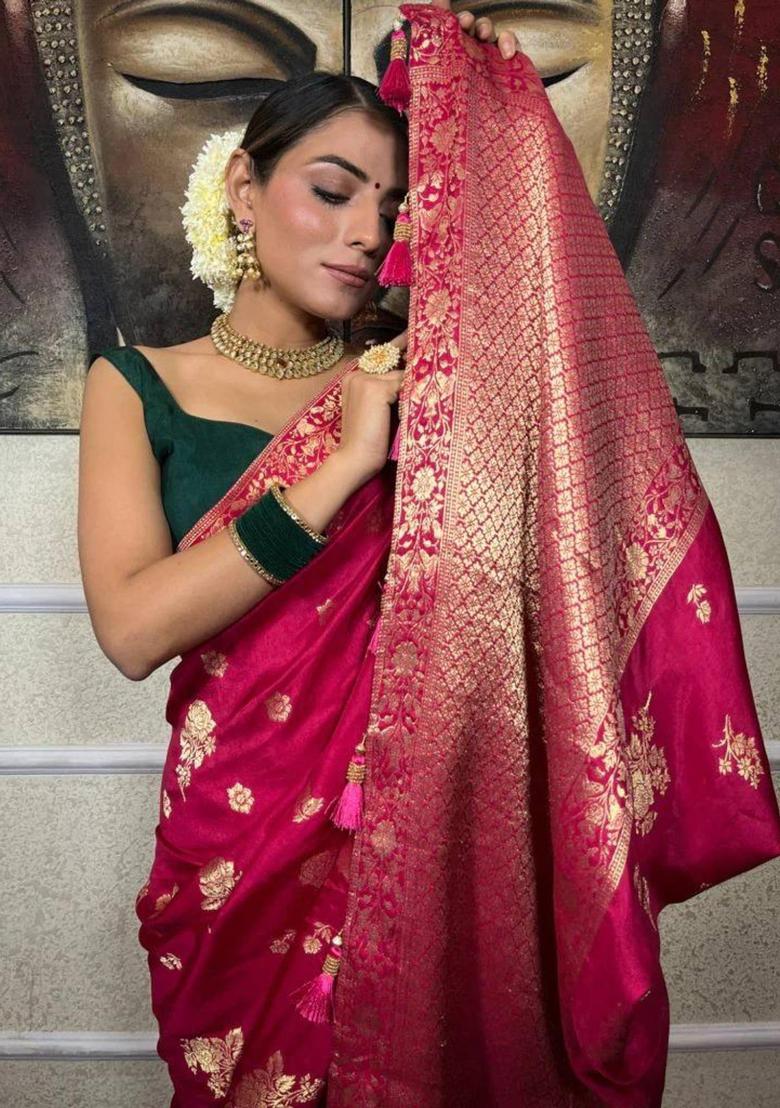 Pink Woven Jacquard Saree Set - Indya