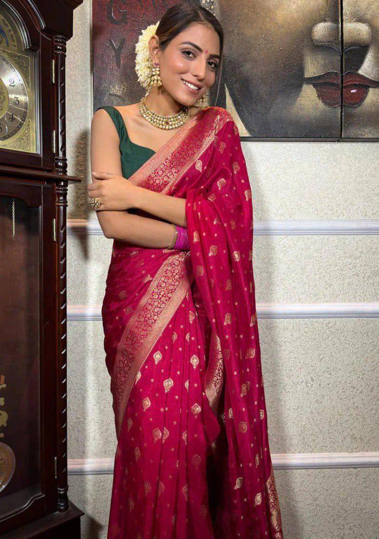 Pink Woven Silk Blend Saree Set - Indya