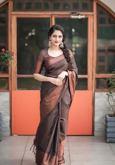 Brown Woven Jacquard Saree Set