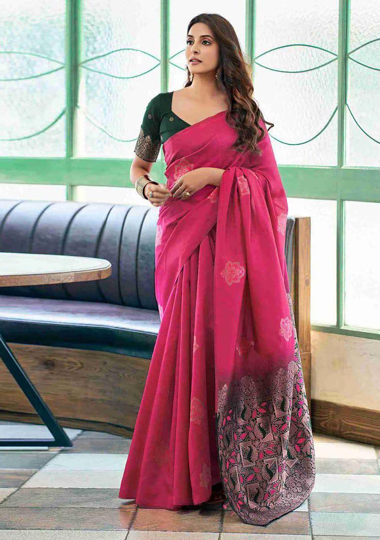 Pink Woven Jacquard Saree Set - Indya