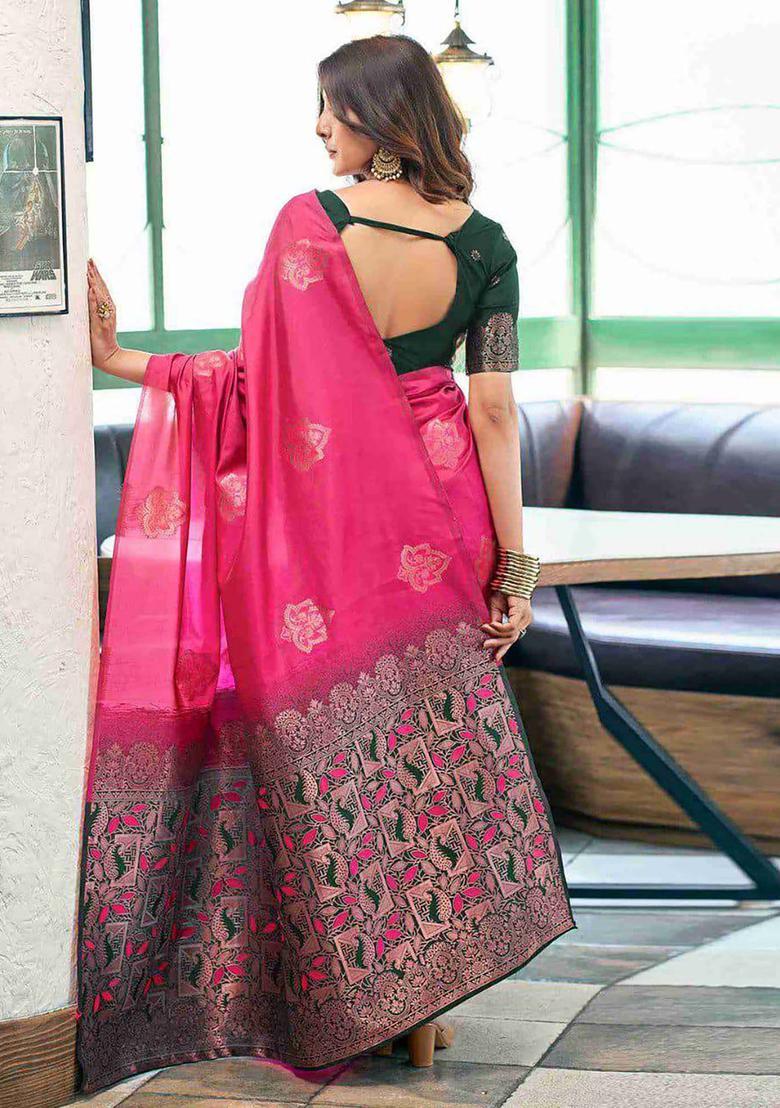 Pink Woven Jacquard Saree Set - Indya