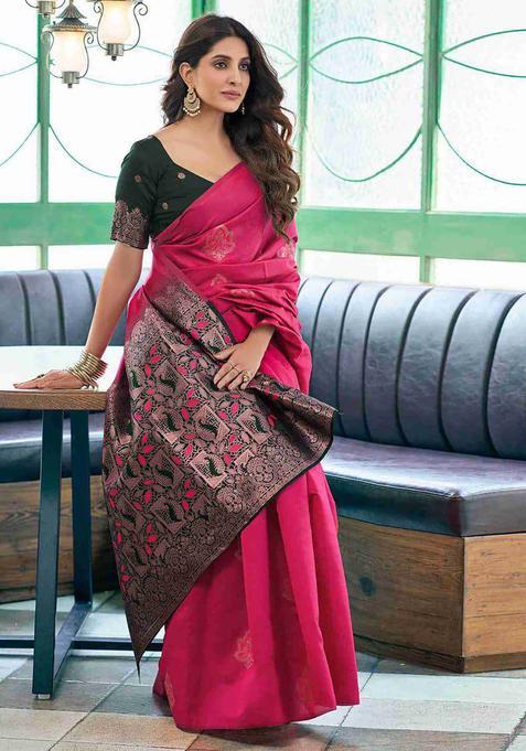 Pink Woven Jacquard Saree Set