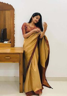 Beige Woven Silk Blend Saree Set