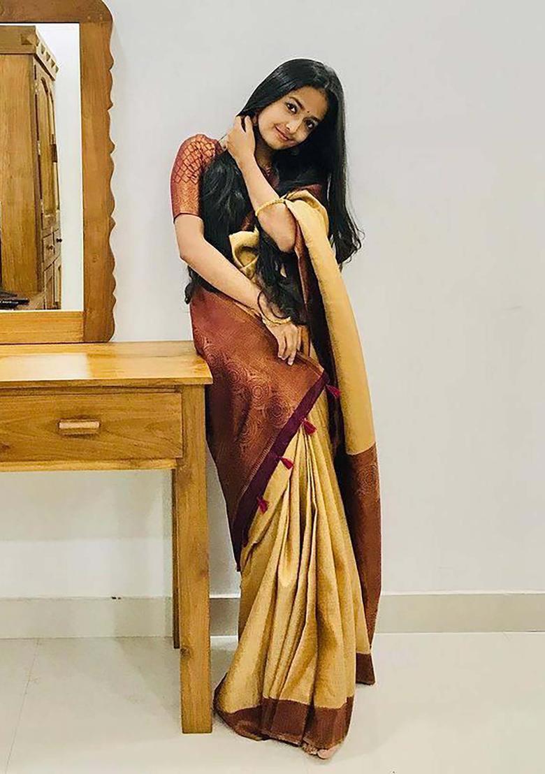 Beige Woven Silk Blend Saree Set - Indya