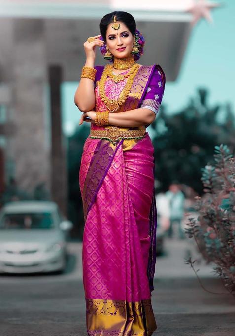 Magenta Woven Silk Blend Saree Set