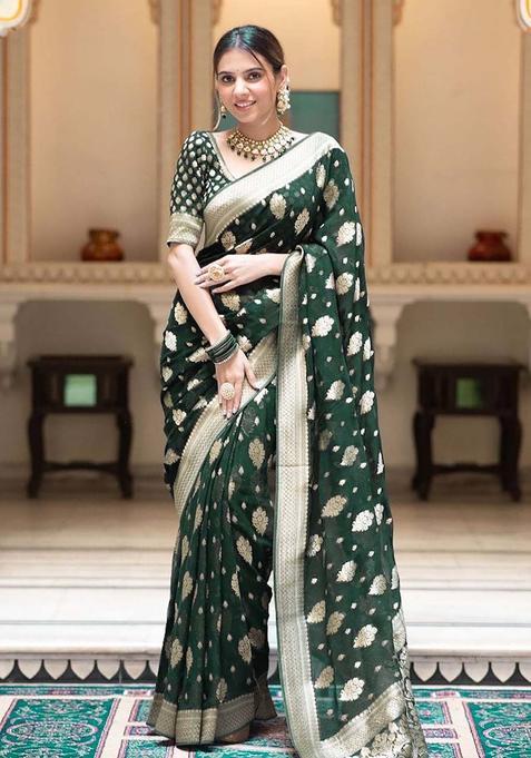 Green Woven Silk Blend Saree Set