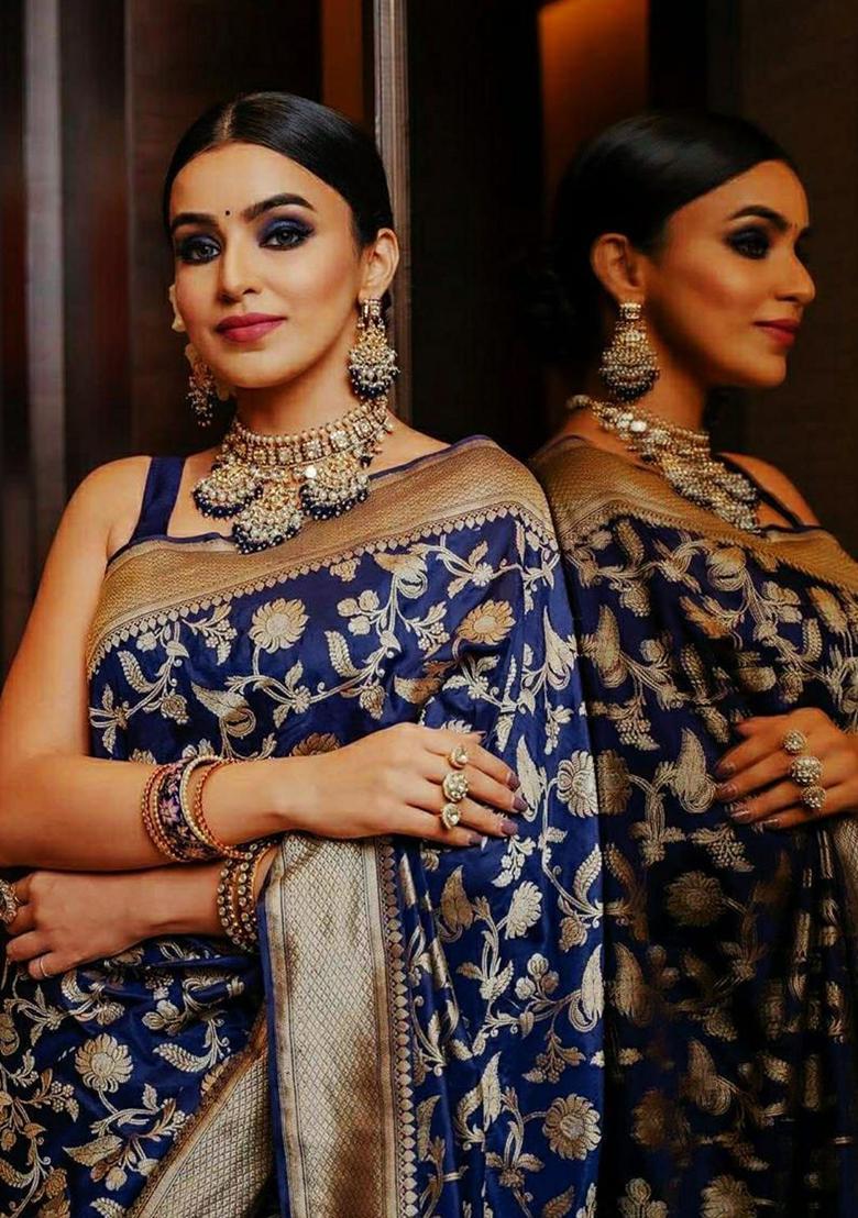 Blue Woven Jacquard Saree Set - Indya