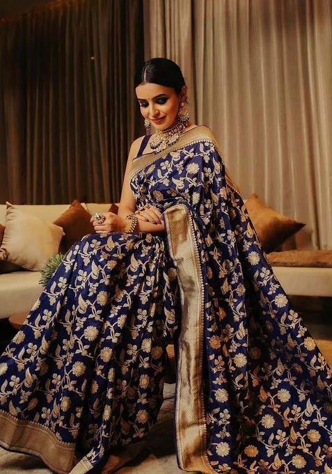 Blue Woven Jacquard Saree Set