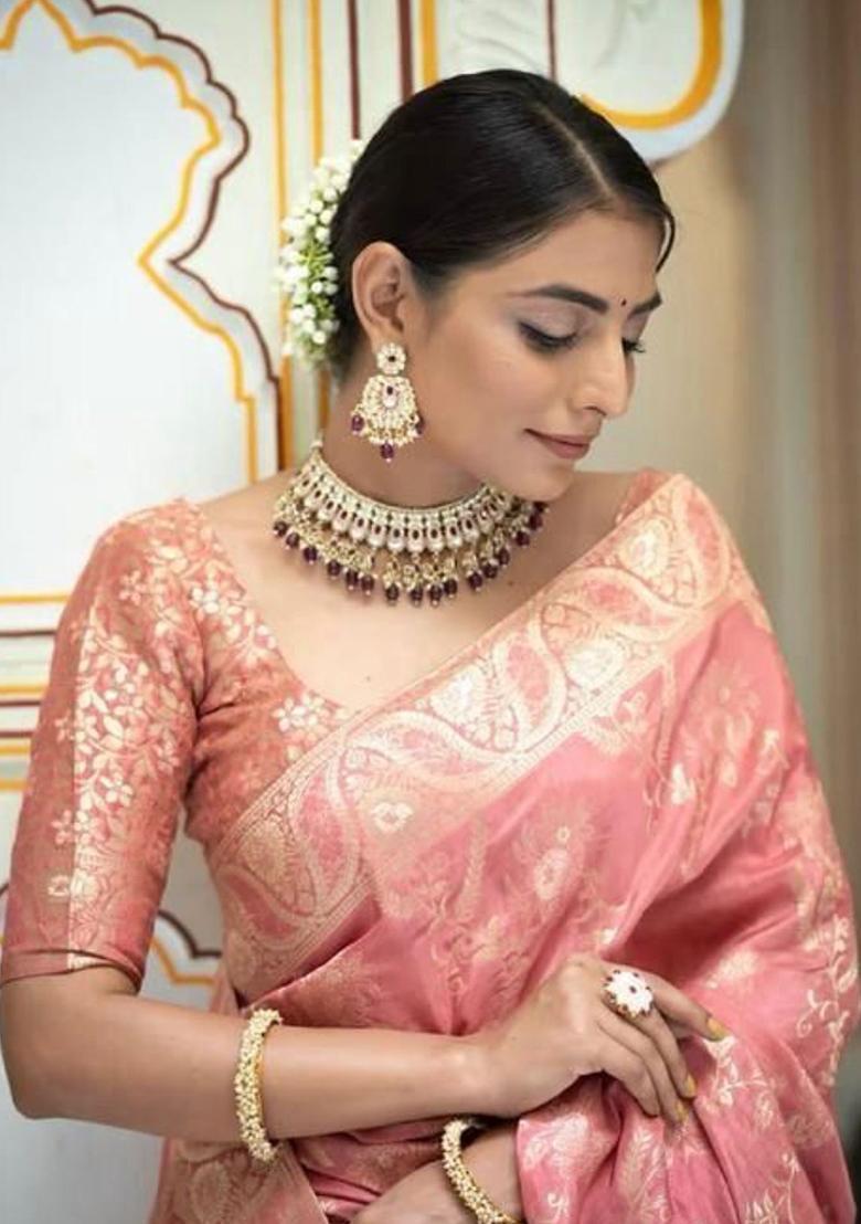 Peach Printed Jacquard Saree Set - Indya