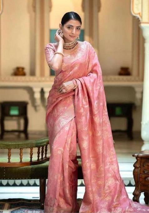 Peach Printed Jacquard Saree Set