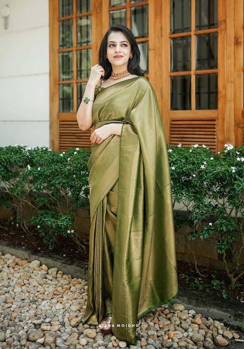 Green Woven Jacquard Saree Set