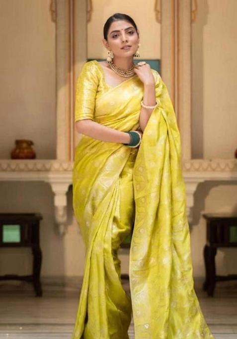 Yellow Woven Jacquard Saree Set