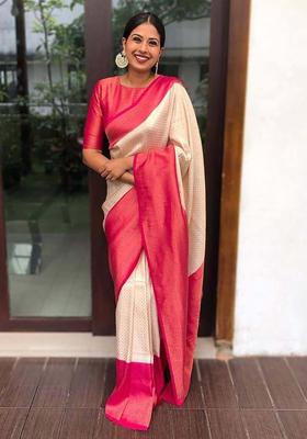 Cream Woven Jacquard Saree Set