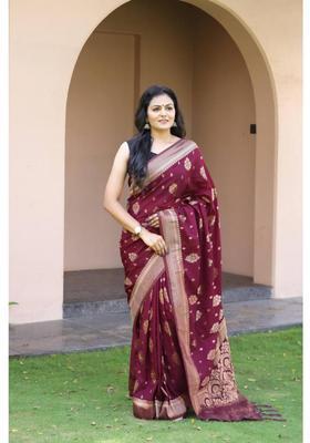 Maroon Woven Silk Blend Saree Set