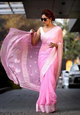 Pink Woven Silk Blend Saree Set