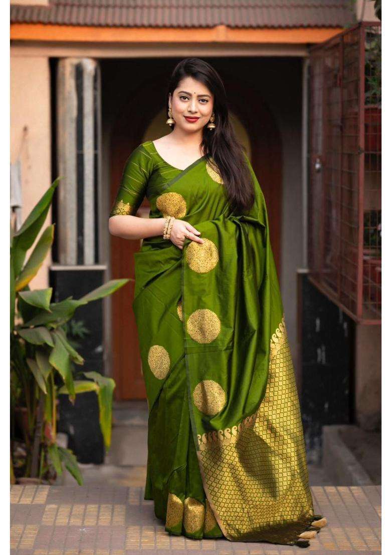 Olive Jacquard Saree Set with Printed for Diwali | Wedding & Festive Wear - Indya