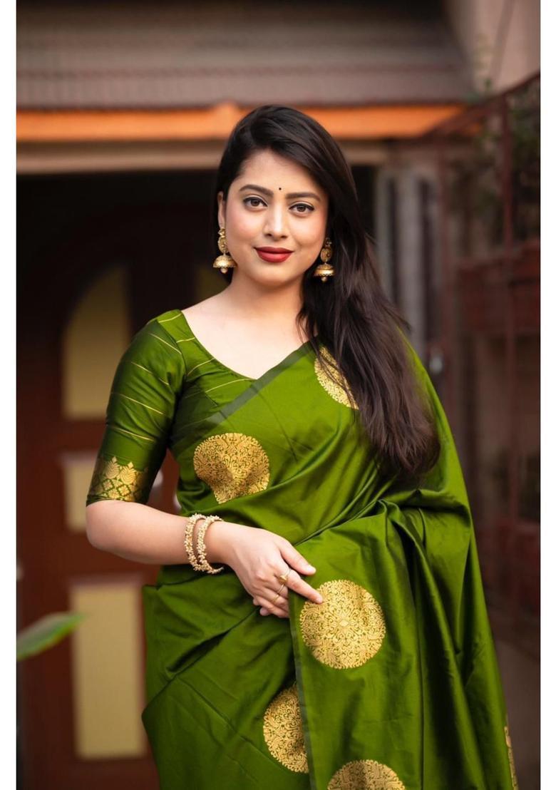 Olive Printed Jacquard Saree Set - Indya
