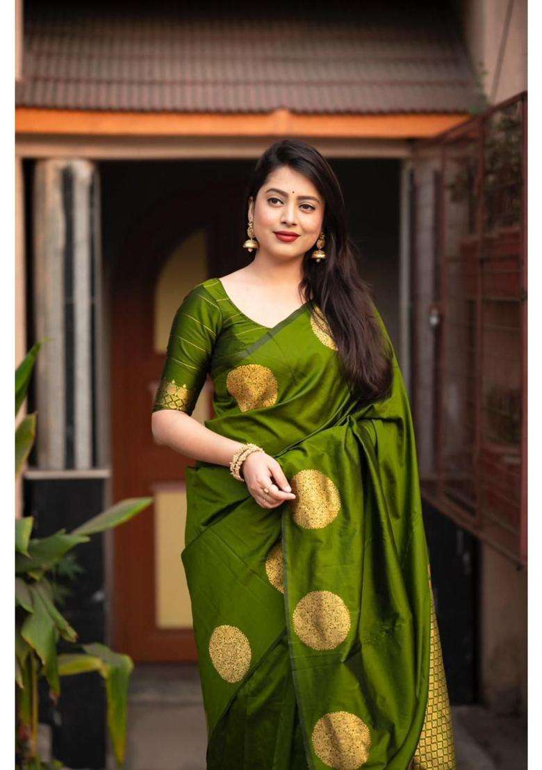 Olive Jacquard Saree Set with Printed for Diwali | Wedding & Festive Wear - Indya
