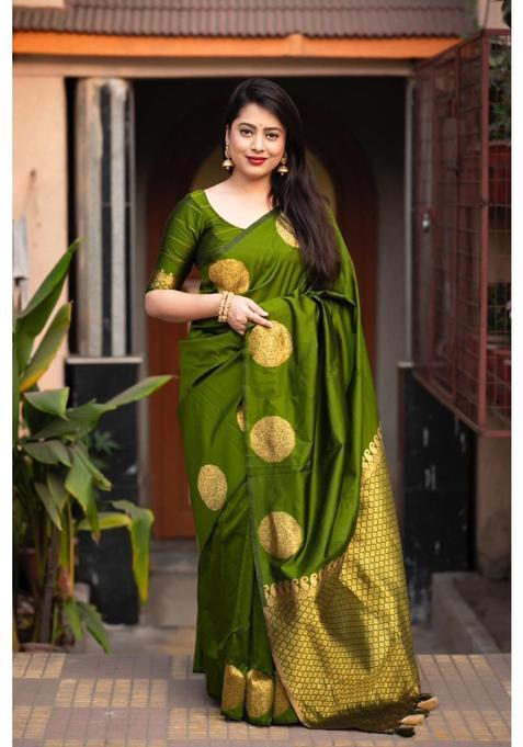 Olive Printed Jacquard Saree Set