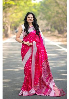 Pink Woven Jacquard Saree Set