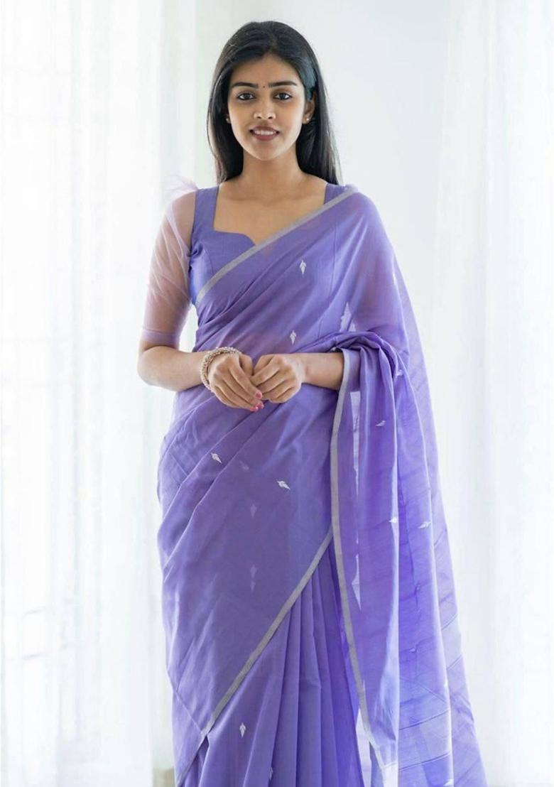 Lavender Printed Jacquard Saree Set - Indya