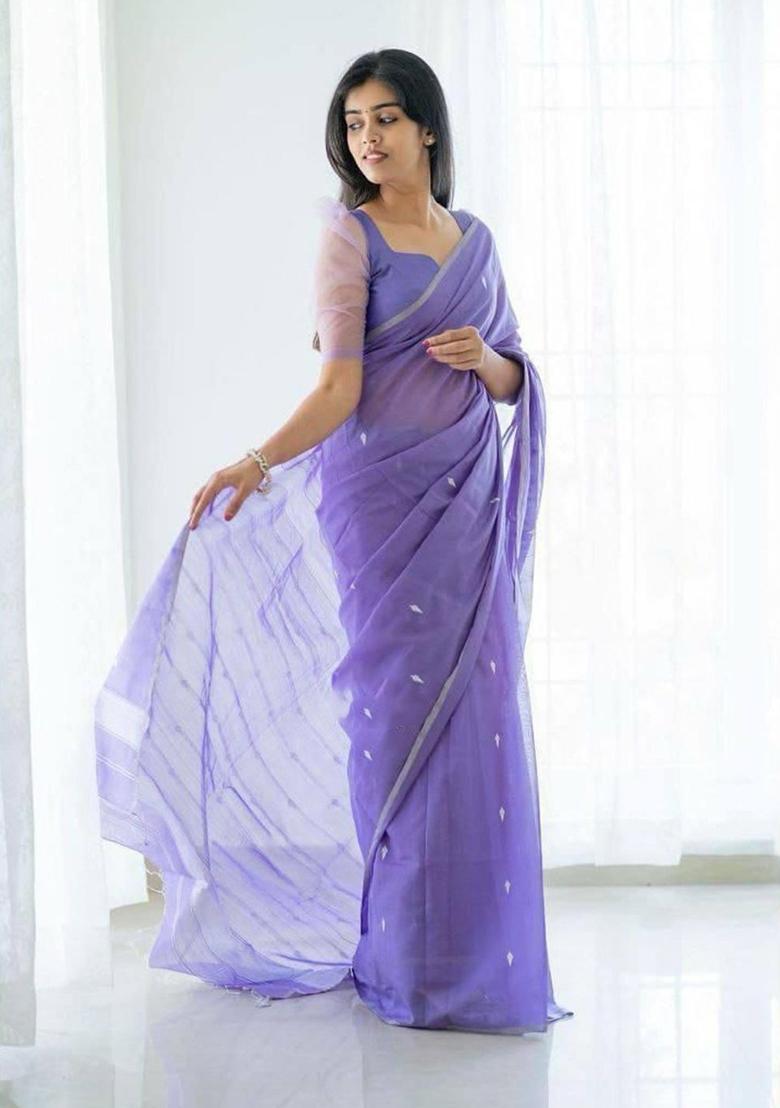 Lavender Printed Jacquard Saree Set - Indya