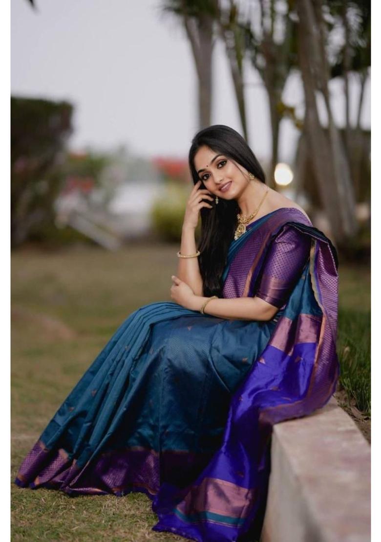 Purple Printed Jacquard Saree Set - Indya