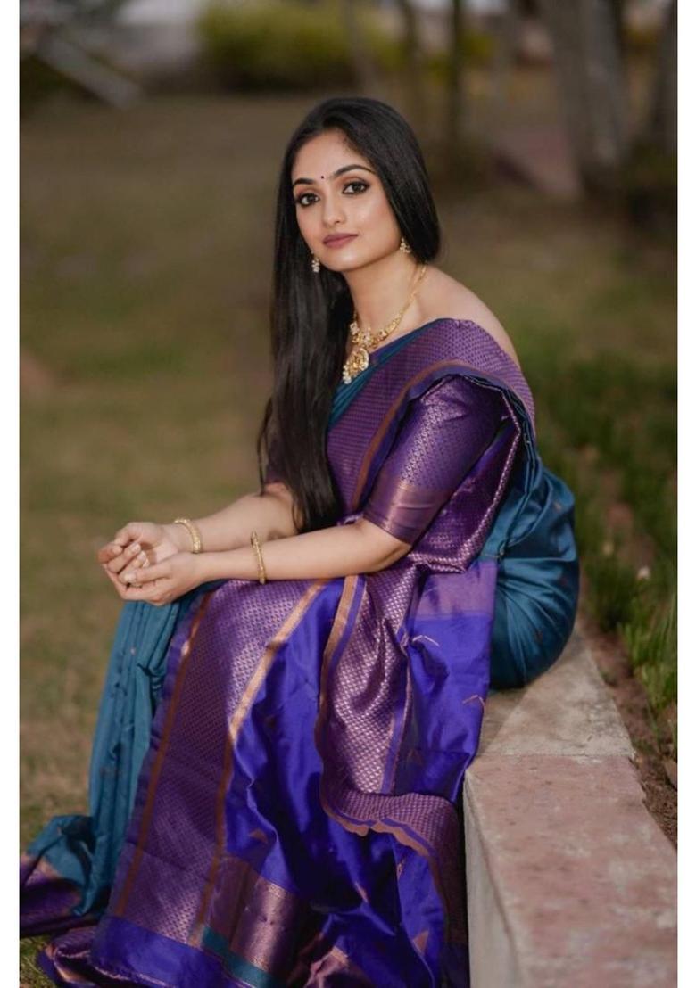 Purple Printed Jacquard Saree Set - Indya