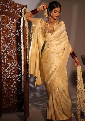 Cream Woven Jacquard Saree Set