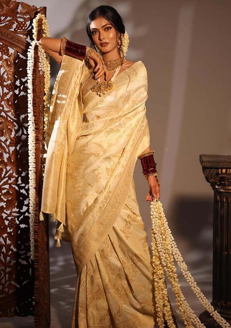 Cream Woven Jacquard Saree Set - Indya
