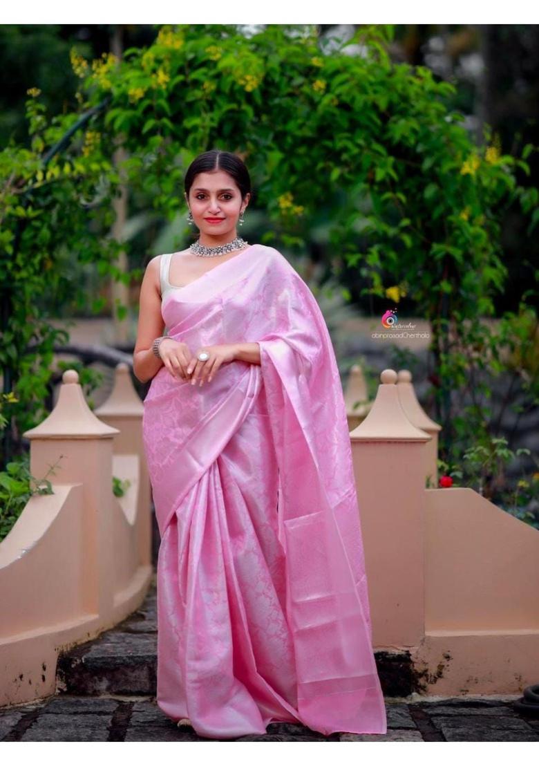 Pink Woven Silk Blend Saree Set - Indya