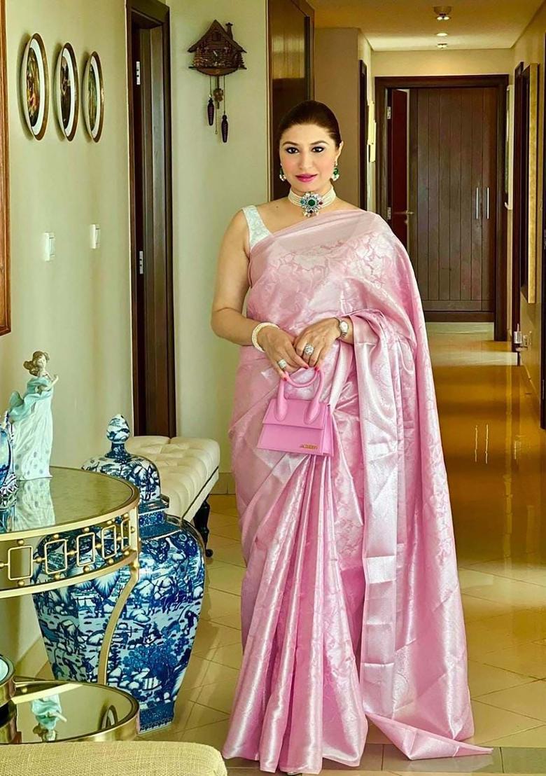 Pink Woven Silk Blend Saree Set - Indya