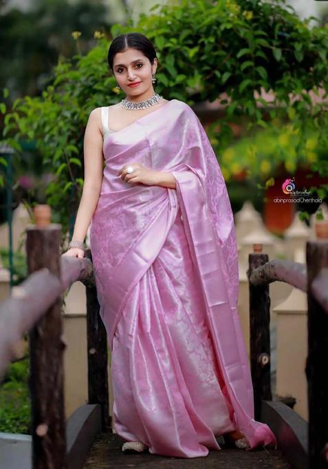 Pink Woven Silk Blend Saree Set