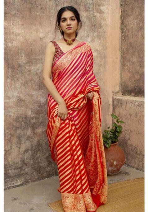 Red Woven Jacquard Saree Set