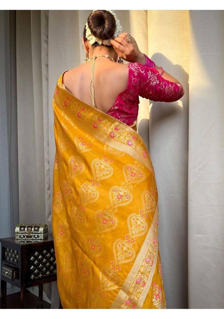 Mustard Printed Jacquard Saree Set - Indya