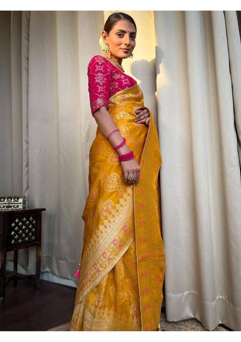 Mustard Printed Jacquard Saree Set - Indya