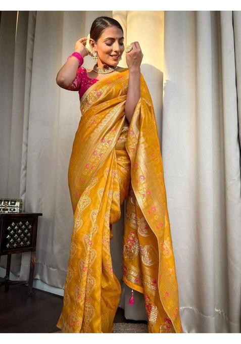 Mustard Printed Jacquard Saree Set