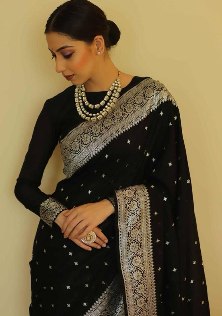 Black Woven Jacquard Saree Set - Indya