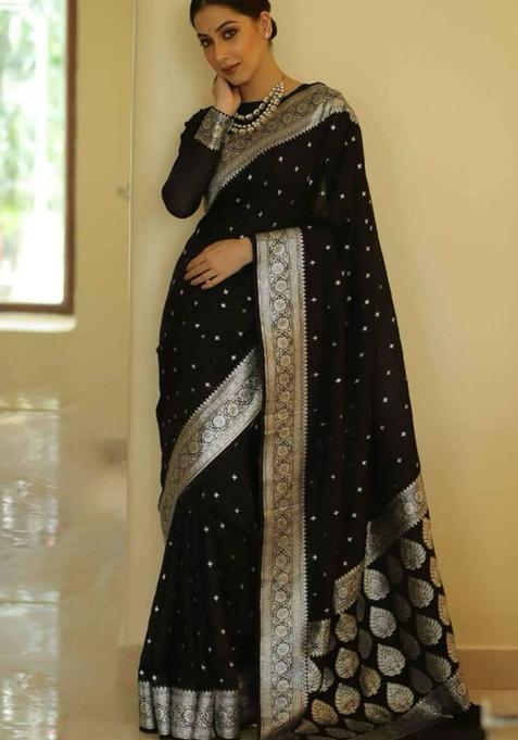 Black Woven Jacquard Saree Set