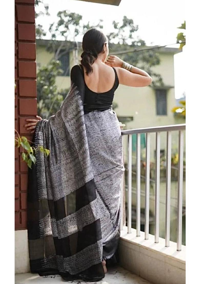 Black Woven Silk Blend Saree Set - Indya