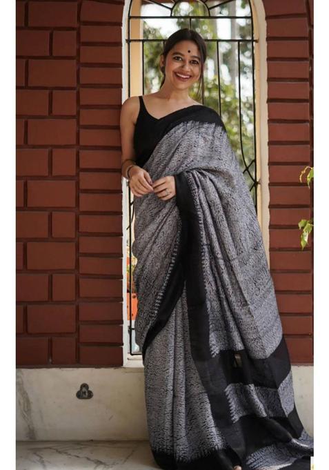 Black Woven Silk Blend Saree Set