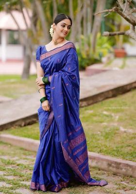 Blue Woven Silk Blend Saree Set