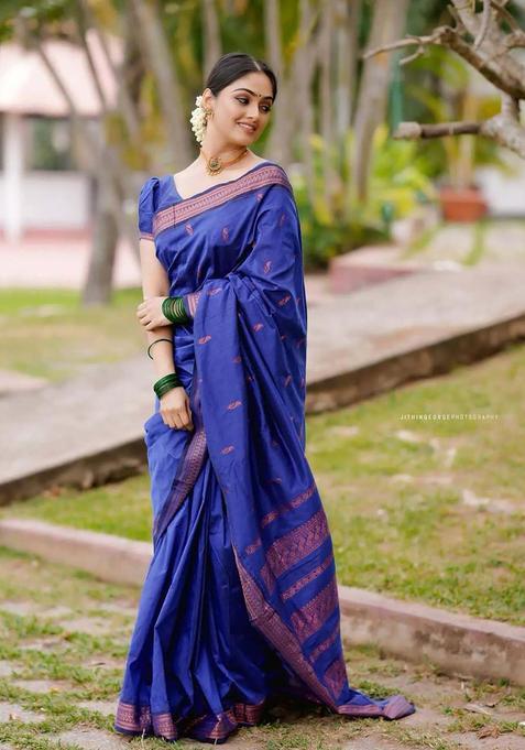 Blue Woven Silk Blend Saree Set