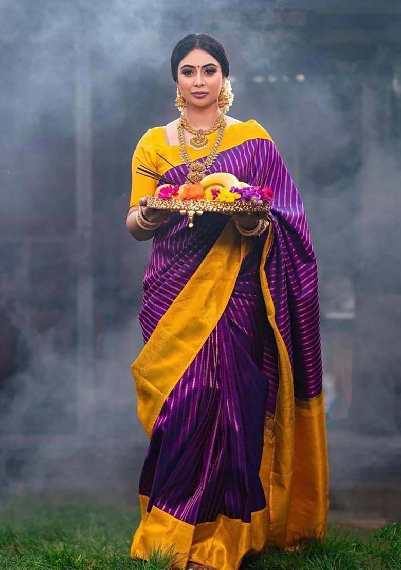 Purple Woven Jacquard Saree Set - Indya