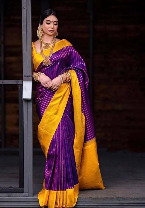 Purple Woven Jacquard Saree Set
