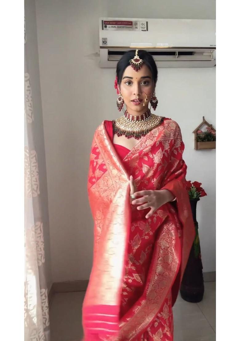 Red Printed Jacquard Saree Set - Indya