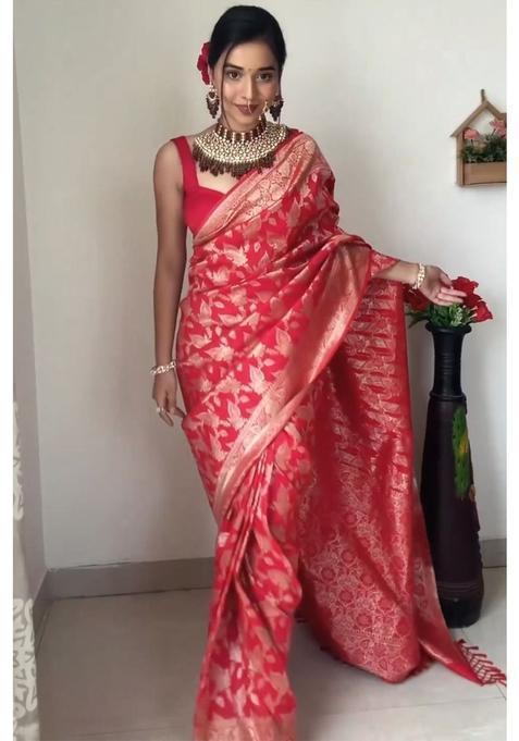 Red Printed Jacquard Saree Set
