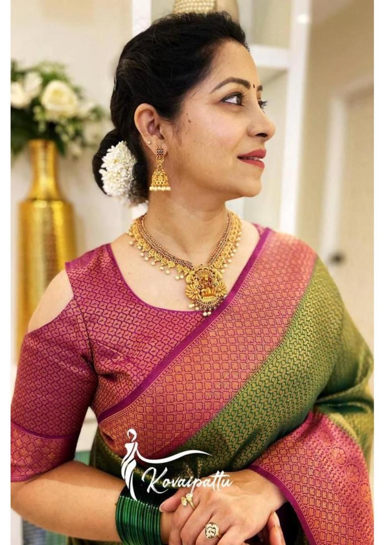 Green Woven Silk Blend Saree Set - Indya