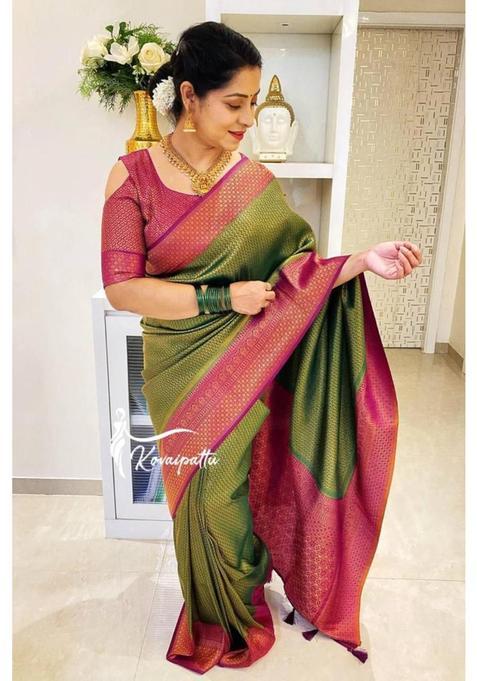 Green Woven Silk Blend Saree Set