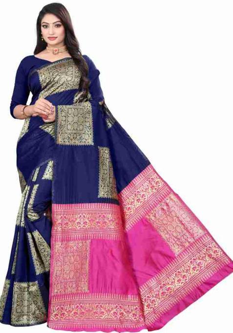 Blue Colorblock Silk Blend Saree Set